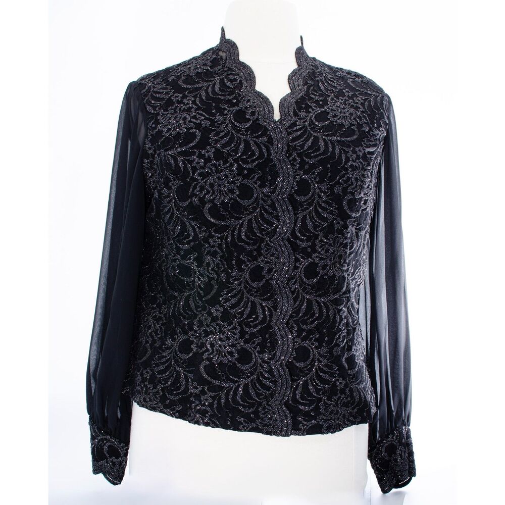 Alex Evenings Black Blouse with lace overlay and sheer sleeves
